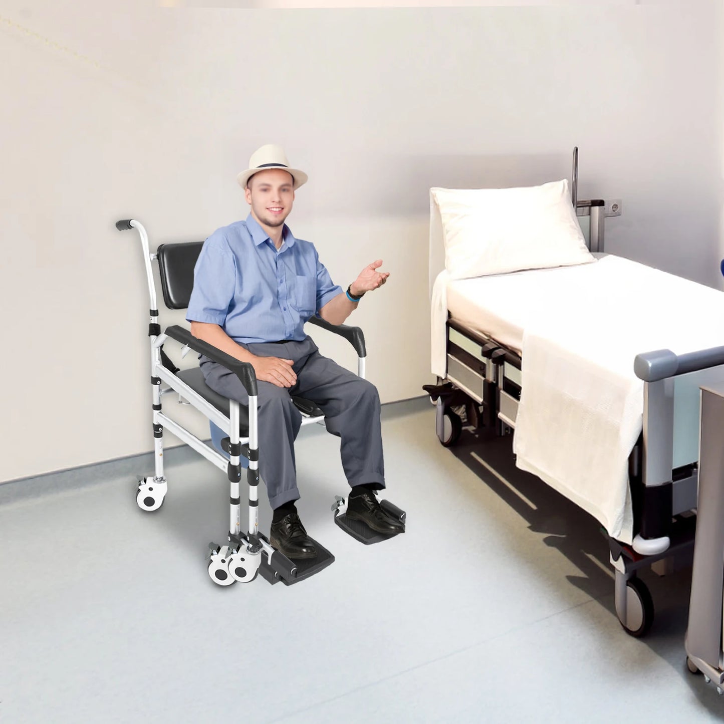 Aluminum Shower Commode Chair With Folding Seat And Locking Wheels