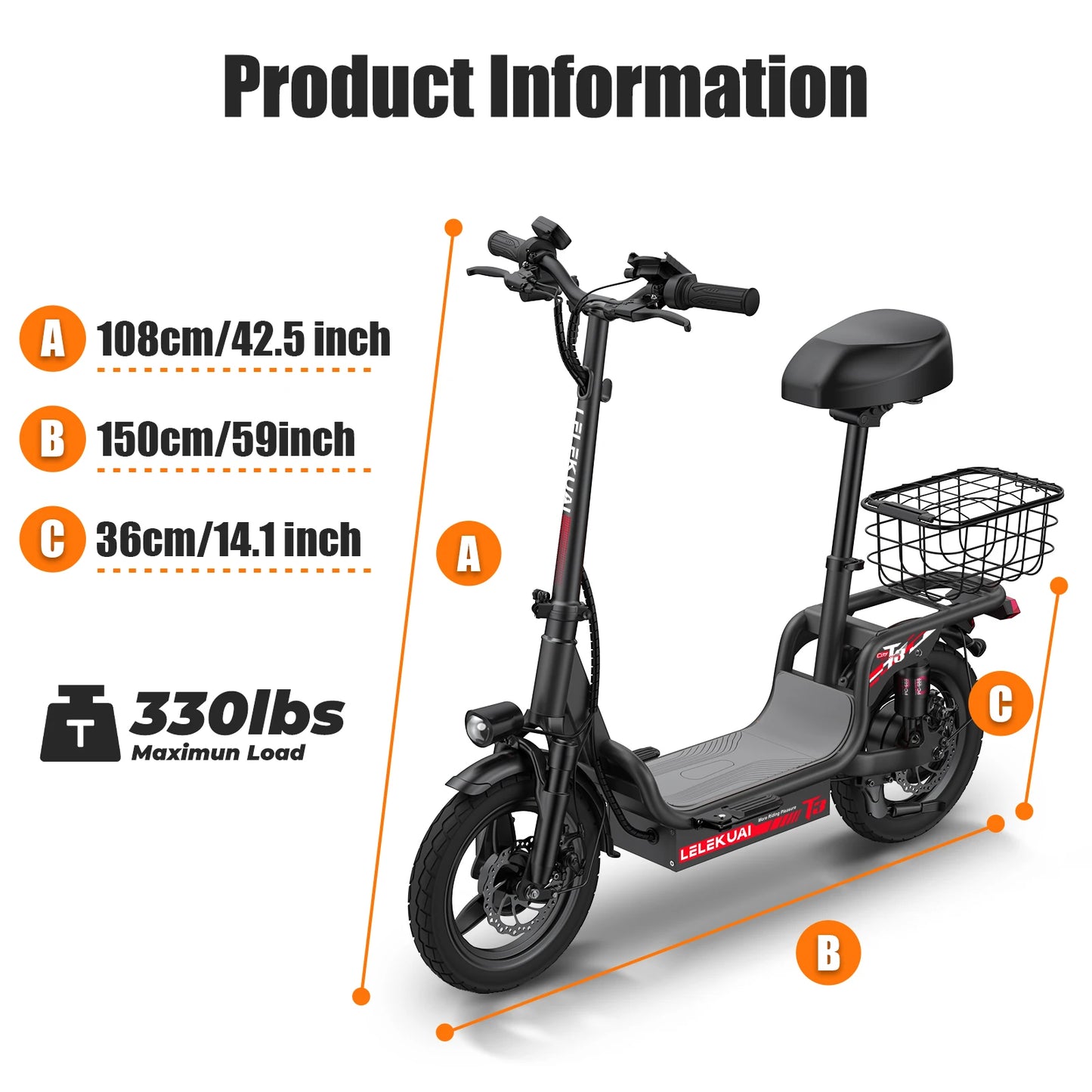 LELEKUAIC Electric Scooter For Adults And Teens With Seat 500 Lbs Capacity 26 MPH 25 Mile Range