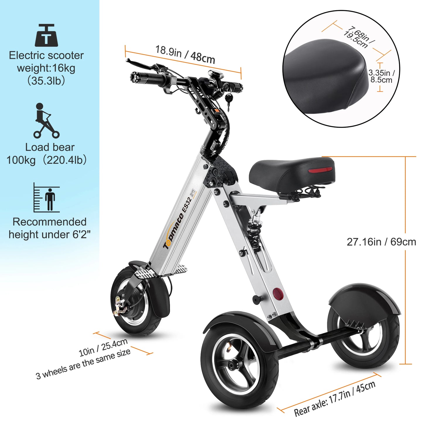 TopMate ES32 Electric Scooter 3 Wheels Foldable Trike with Seat for Adults, Light Weight Mobility with Reverse Function and Key
