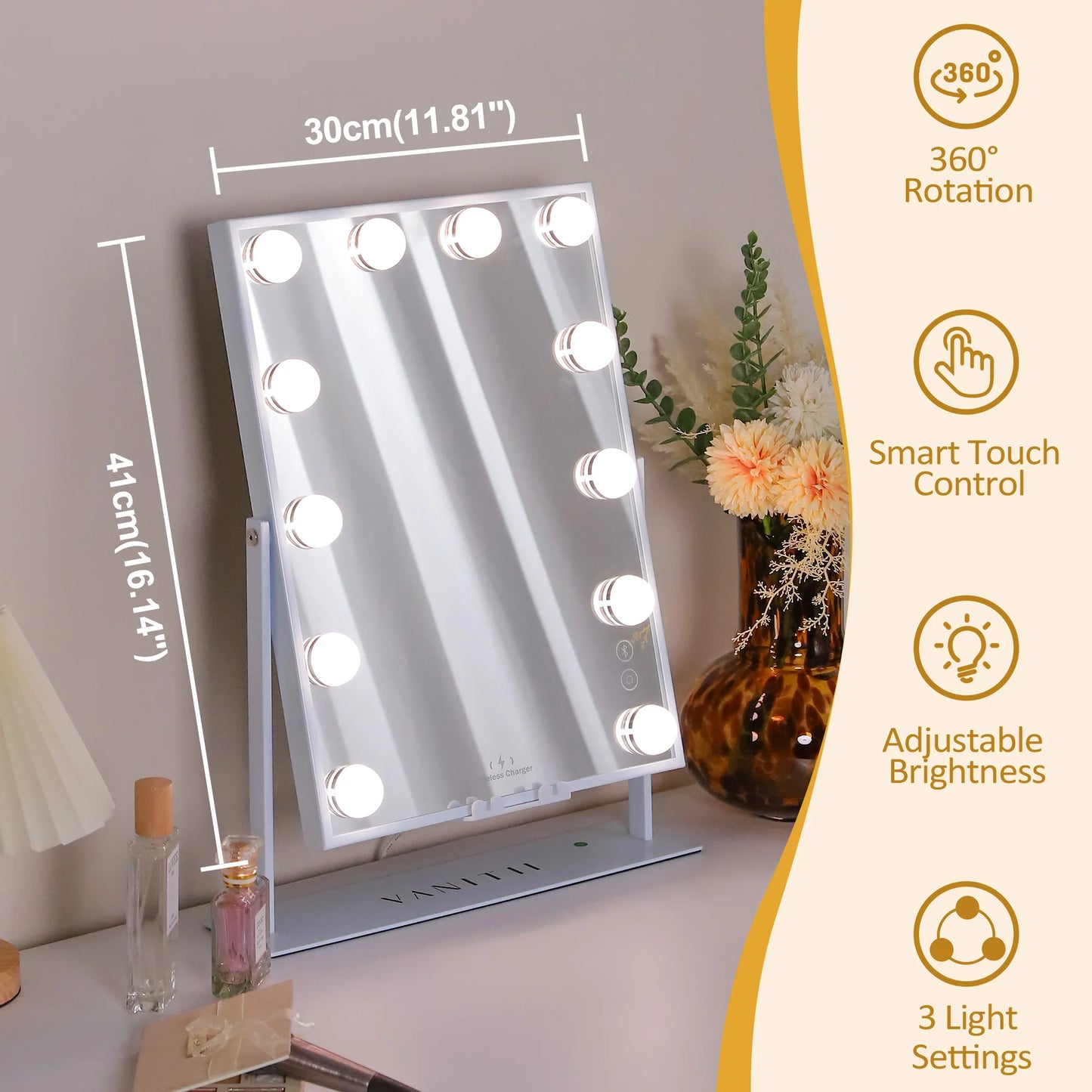 FENCHILIN Vanity Mirror With Lights Wireless Charger Bluetooth Speaker