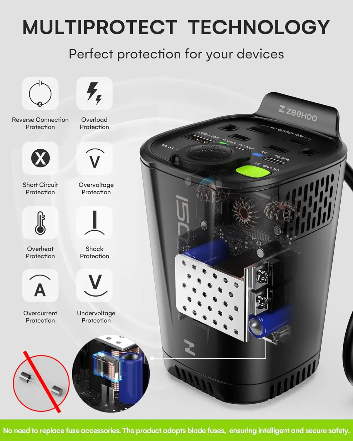 150W Car Power Inverter, 12V D/C To 110V AC Car Plug Adapter Outlet Converter, With 2 AC Outlets, A 18W USB A And Dual 30W PD Ca