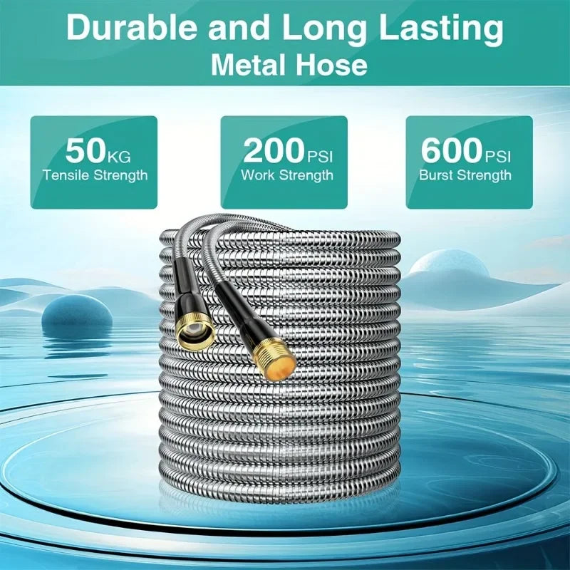 Garden Stainless Steel Water Pipe With Adjustable 10 Function Nozzle, Heavy-Duty Metal Garden Water Pipe For Courtyard Lawn Use