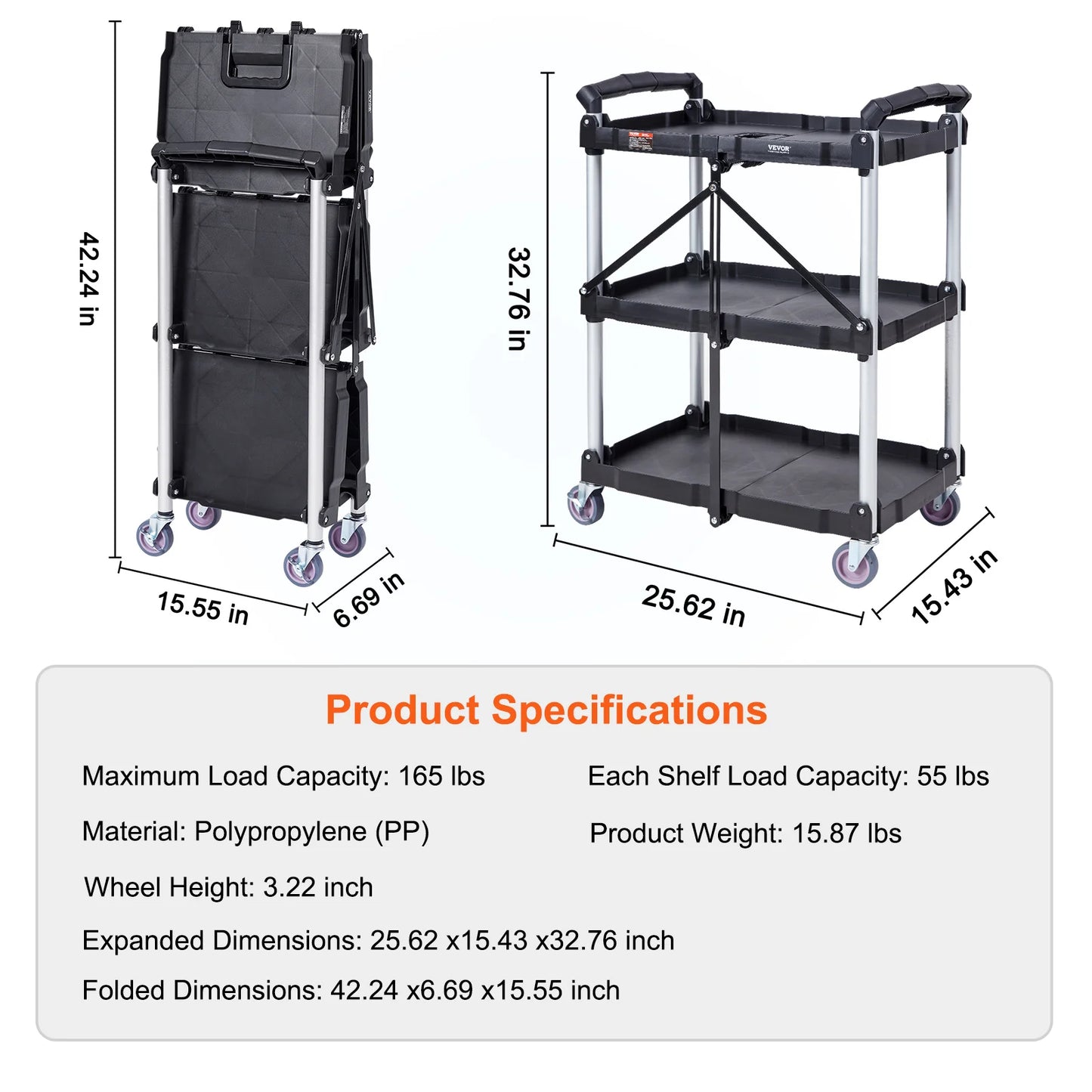 SucceBuy 3-Tier Folding Rolling Utility Cart For Kitchen And Bathroom