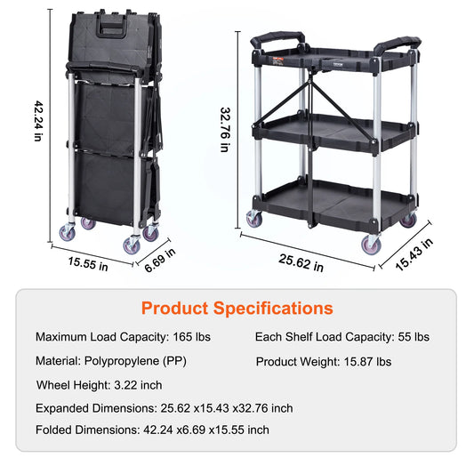 SucceBuy 3-Tier Folding Rolling Utility Cart For Kitchen And Bathroom